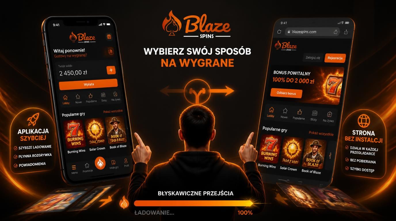 Smartfon pokazujący aplikację i wersję mobilną strony Blaze Spins z porównaniem szybkości