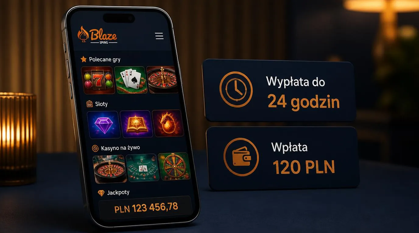 Telefon z widokiem gier kasynowych obok informacji o wypłacie do 24 godzin i wpłacie 120 PLN