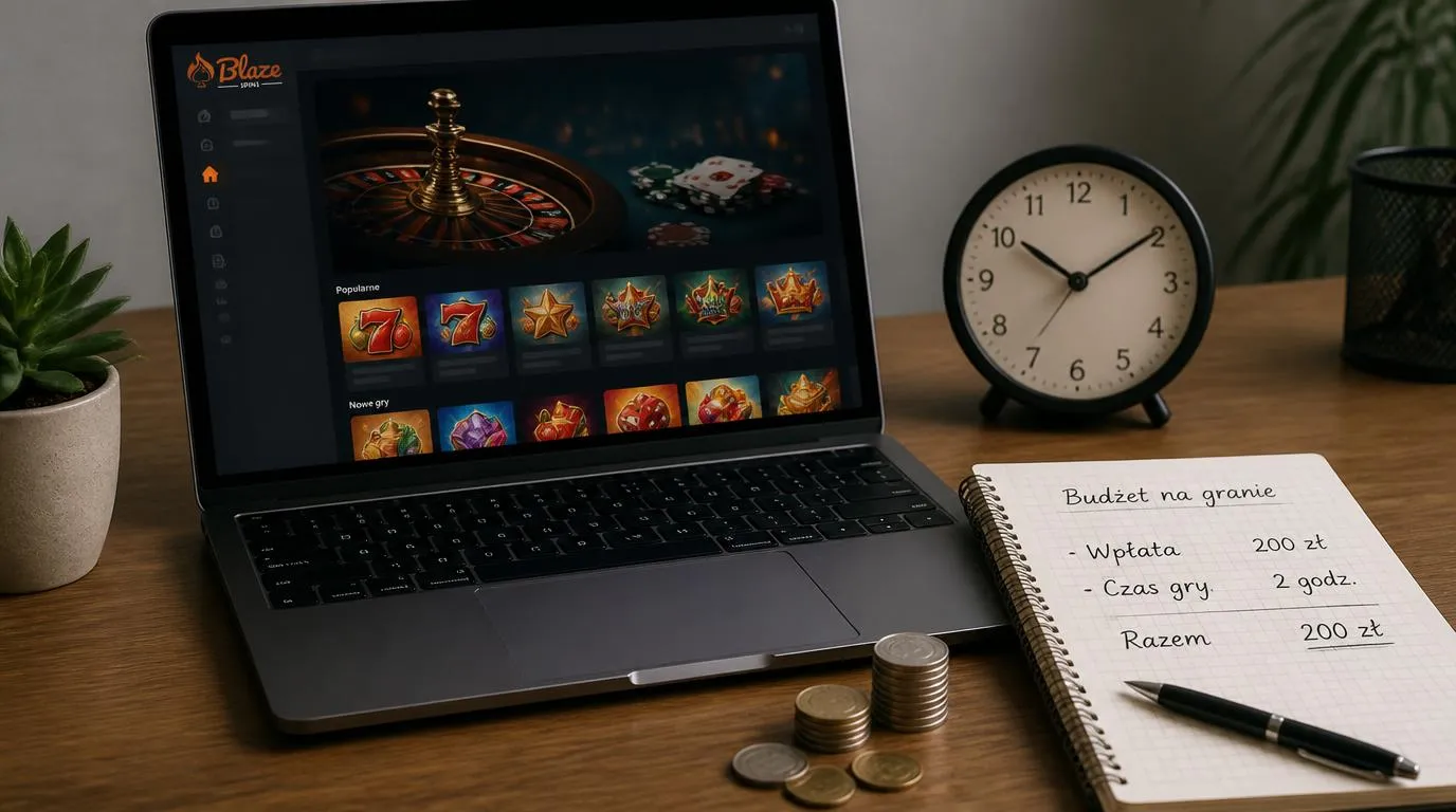 Laptop z neutralną stroną kasyna, zegar i notes z zapisanym budżetem na grę